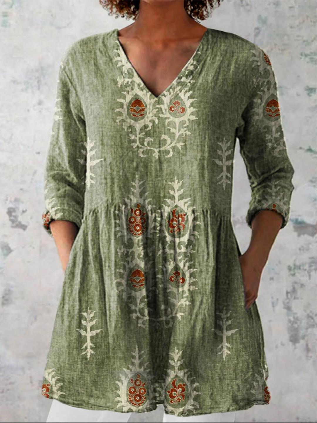 Sonya Folk Motif V-Neck Tunic Blouse