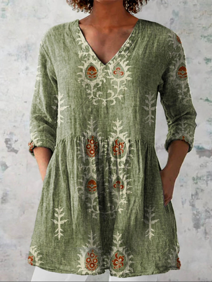 Sonya Folk Motif V-Neck Tunic Blouse
