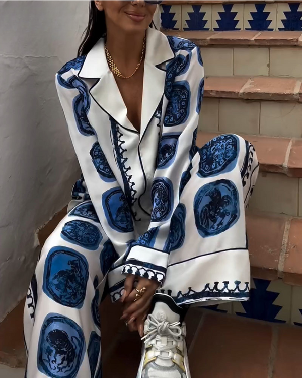 Lynn™ | Retro Blue Print Two-Piece Set