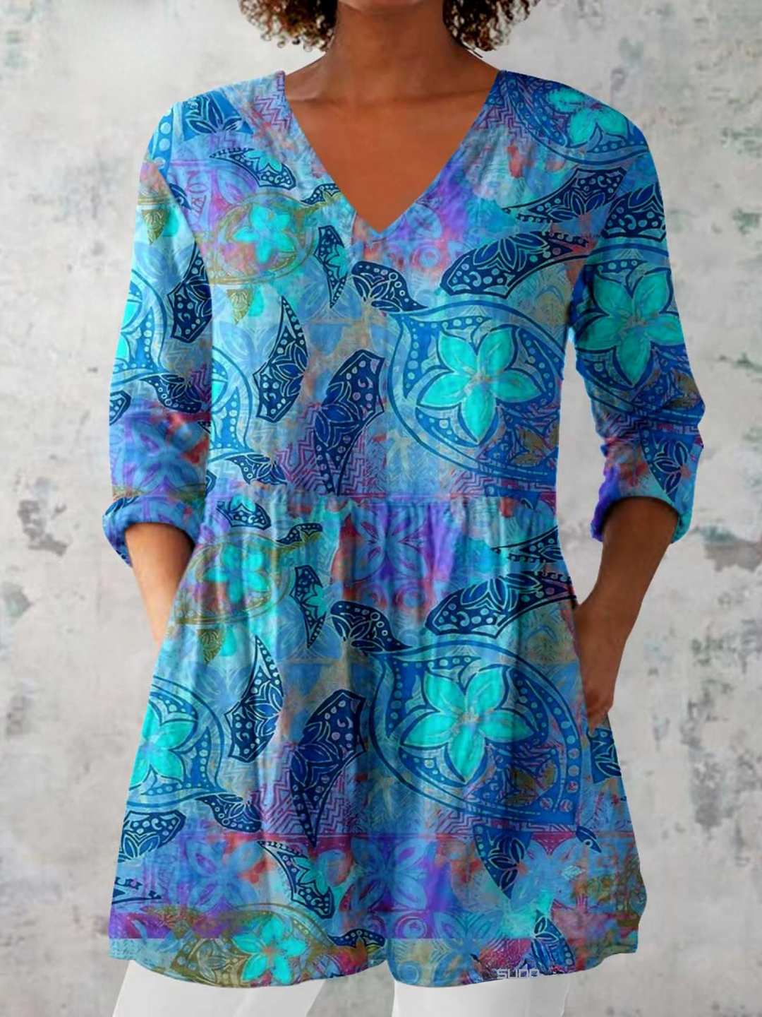 Robyn Blue Batik Floral Tunic Blouse