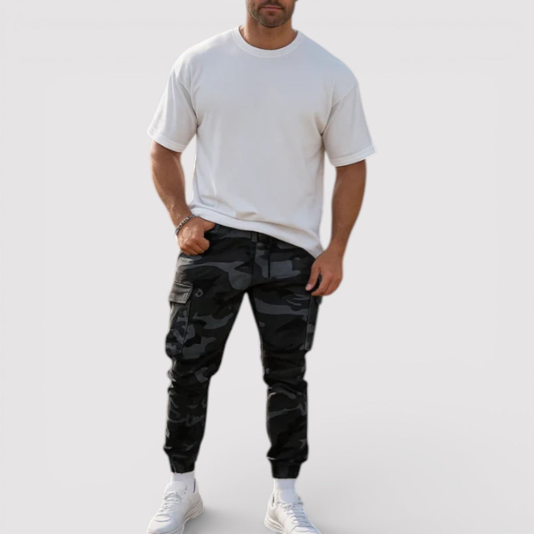 Michael Sydney men's camouflage cargo pants, front view