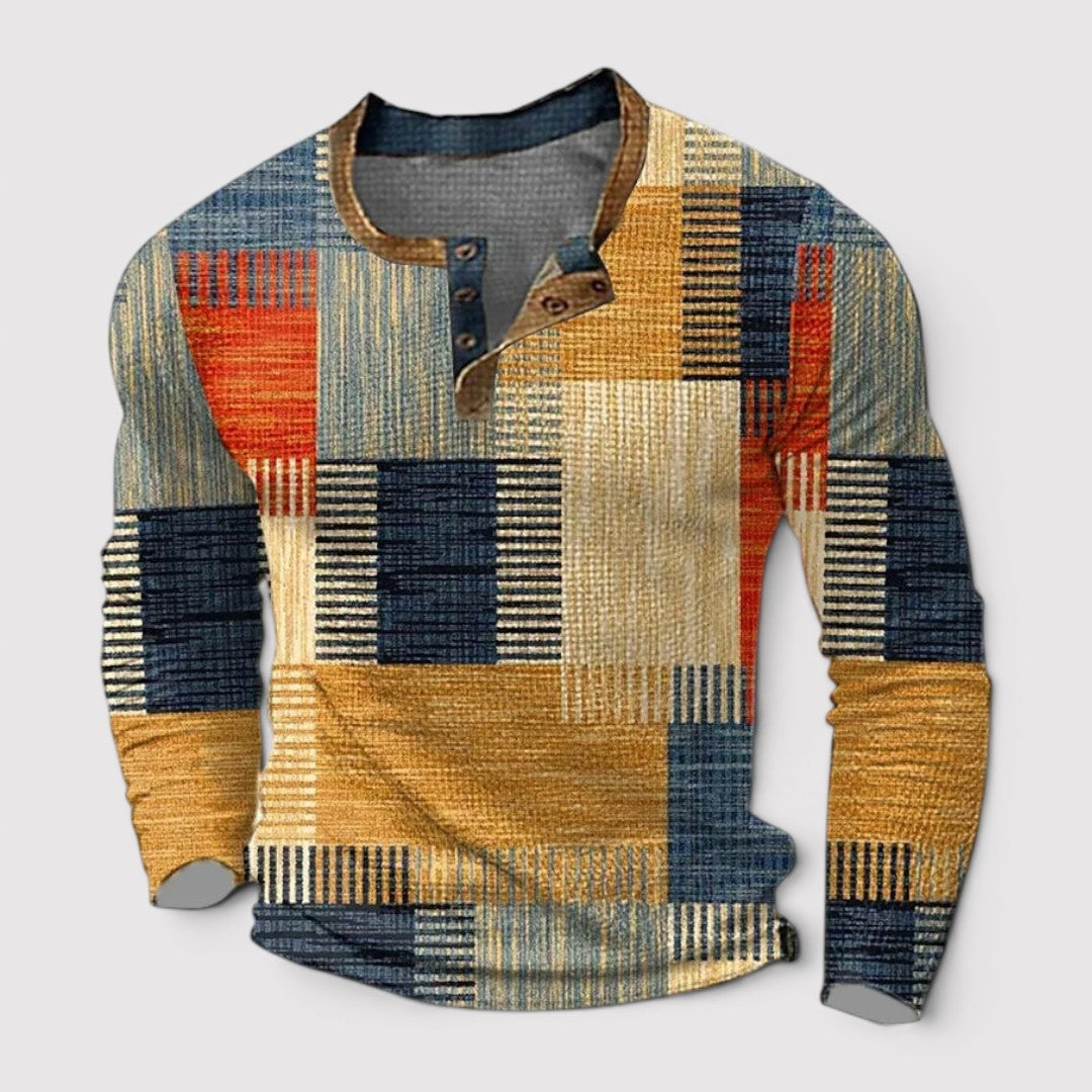 Michael Sydney men's henley long sleeve top with patchwork pattern, front view