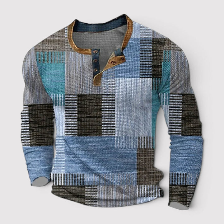 Michael Sydney men's henley long sleeve top with patchwork pattern, front view