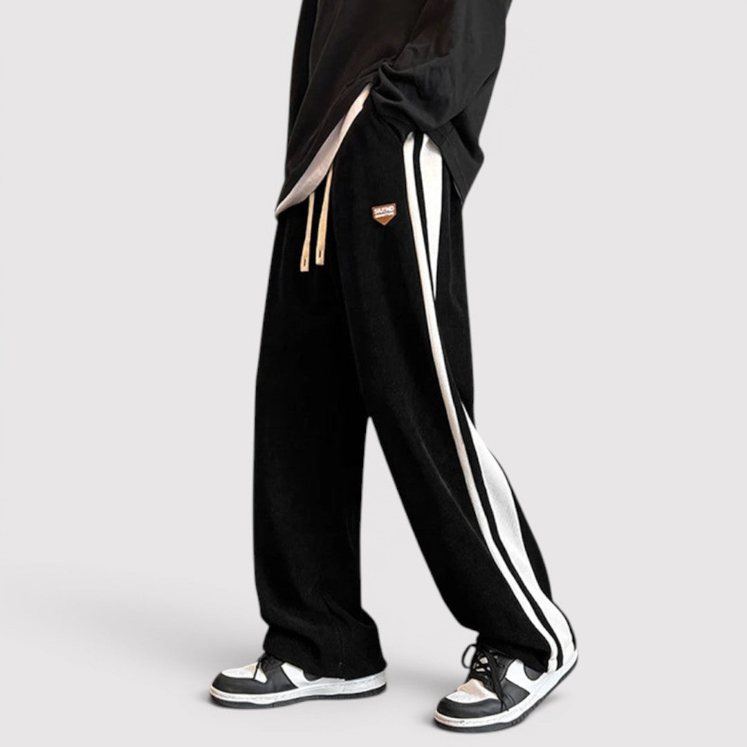 Michael Sydney men's wide-leg pants with side stripes, front view