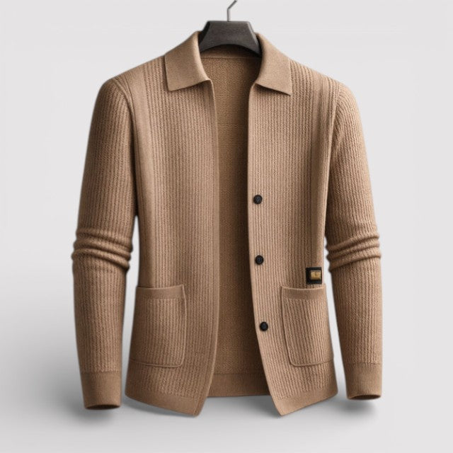 Michael Sydney men's cardigan with collar, front view