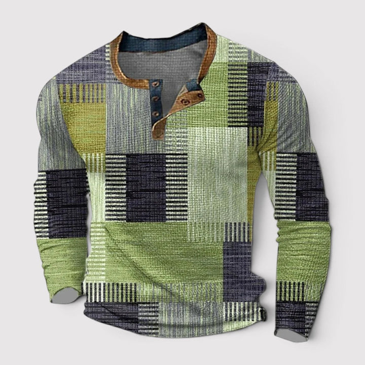 Michael Sydney men's henley long sleeve top with patchwork pattern, front view