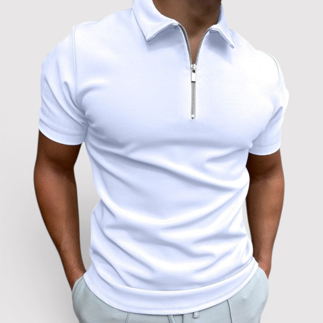 Michael Sydney men's stretch polo shirt with half-zip collar, front view