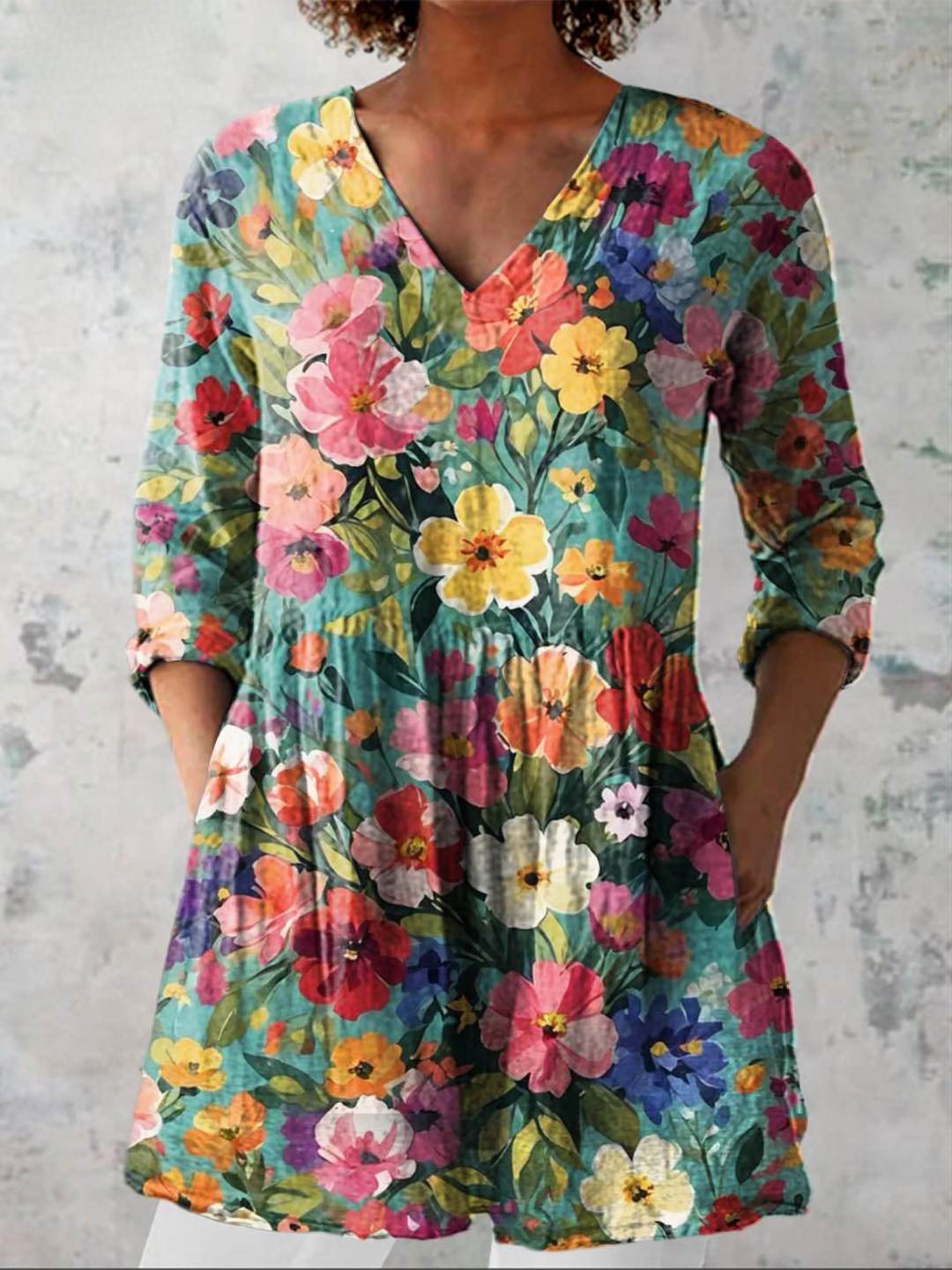 Deanna Teal Garden Floral Tunic Blouse