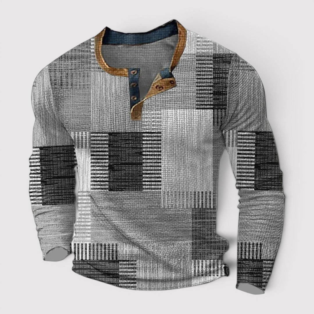 Michael Sydney men's henley long sleeve top with patchwork pattern, front view