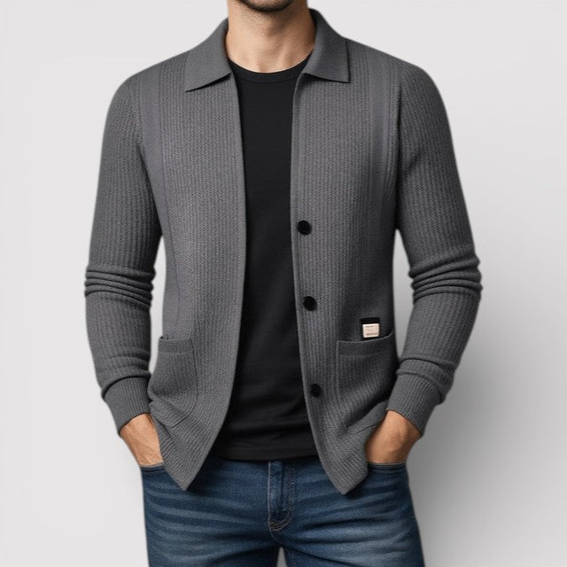 Michael Sydney men's cardigan with collar, front view