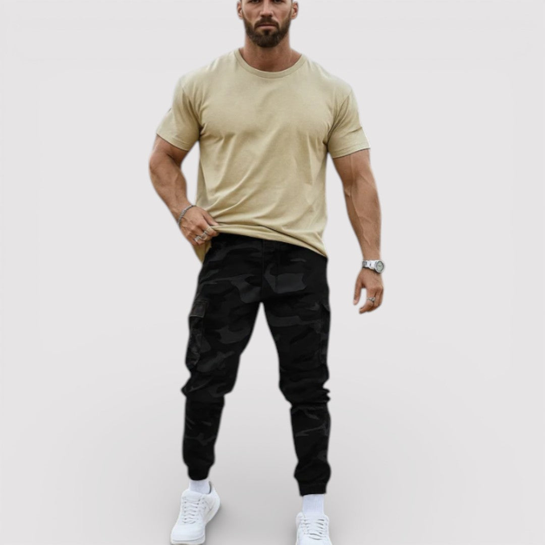 Michael Sydney men's camouflage cargo pants, front view