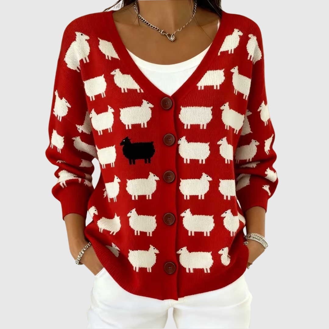 Ellen™ | Red Sheep Print Cardigan