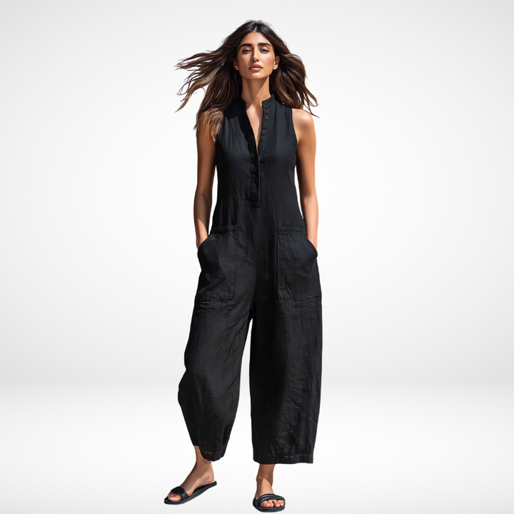 Kristy Sleeveless Button-Front Jumpsuit – Black