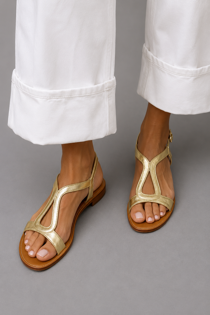 Steph Metallic T-Bar Sandals in Gold