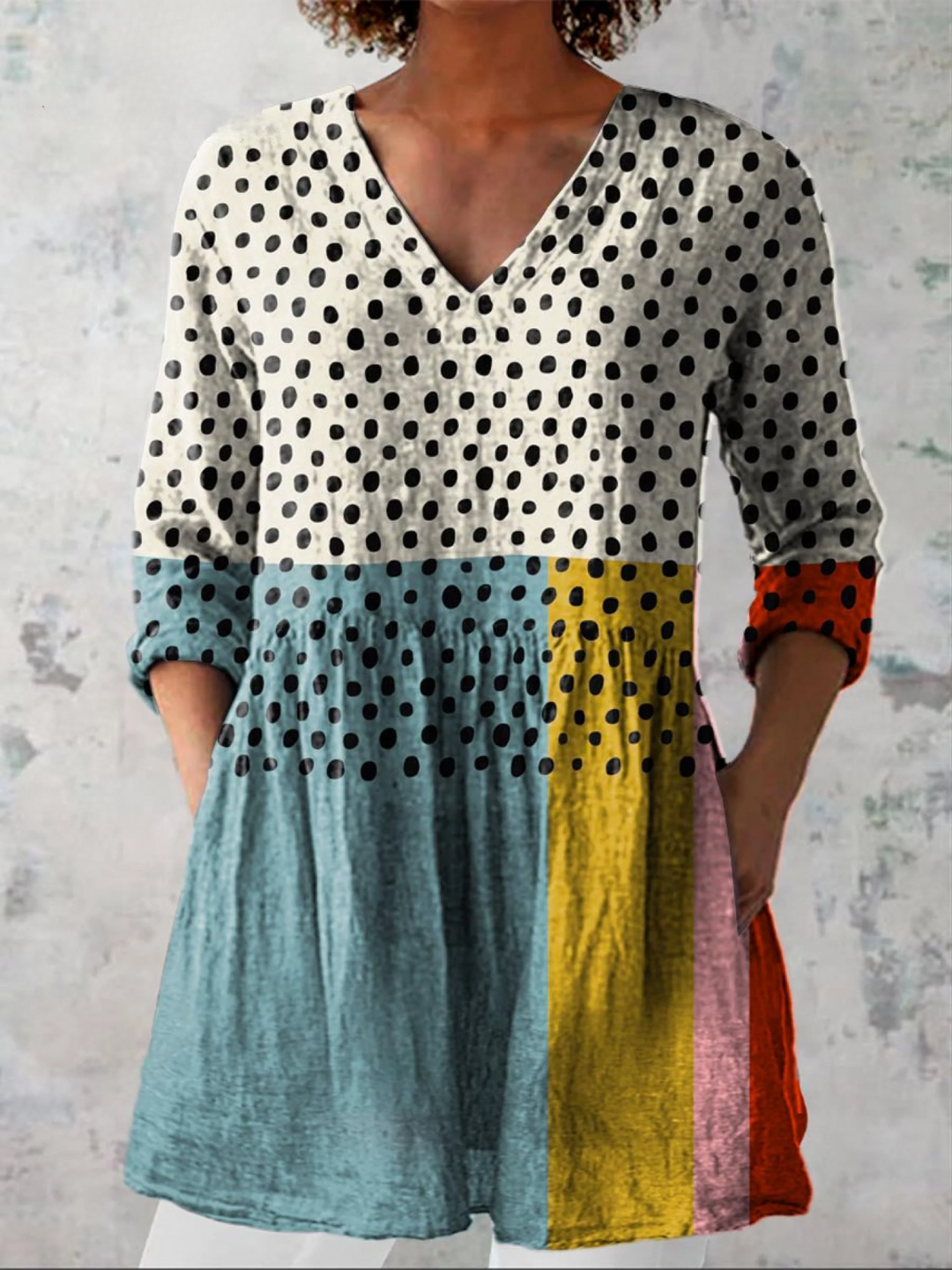Phoebe Polka Dot Colour-Block Tunic Blouse
