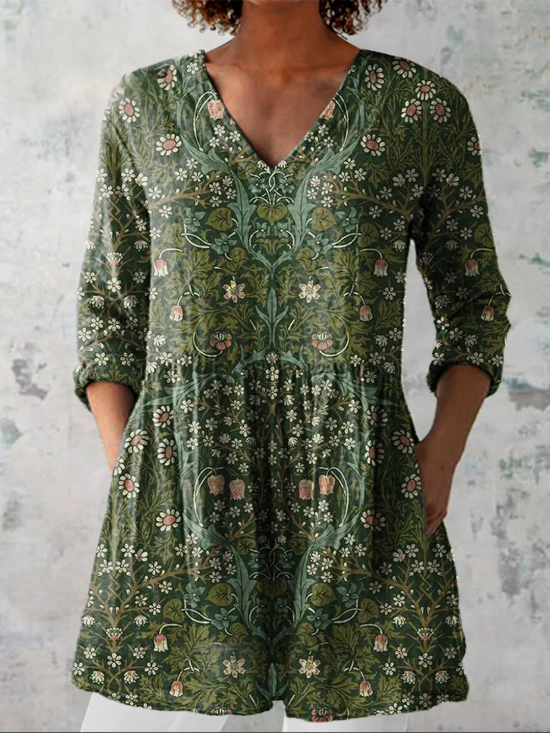 Raylene Olive Ditsy Floral Tunic Blouse