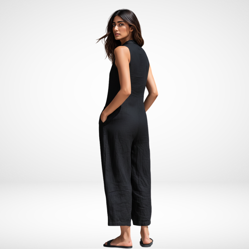 Kristy Sleeveless Button-Front Jumpsuit – Black, back view