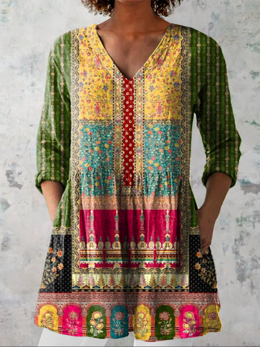 Margie Boho Border Print Tunic Blouse