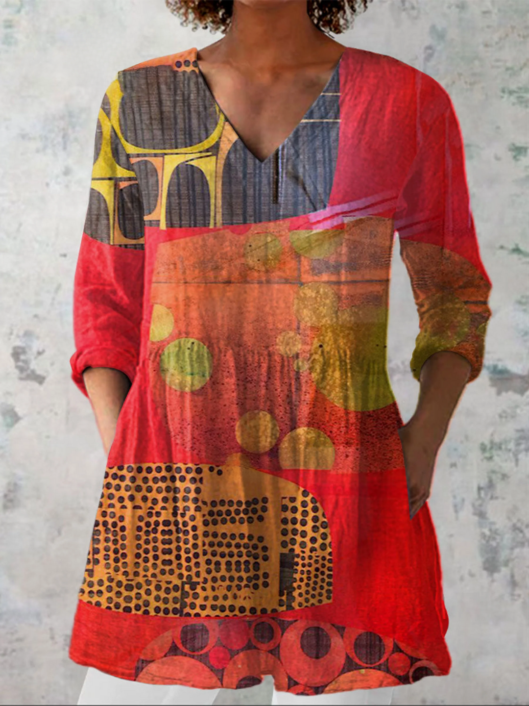 Vicky Red Abstract Collage Tunic Blouse