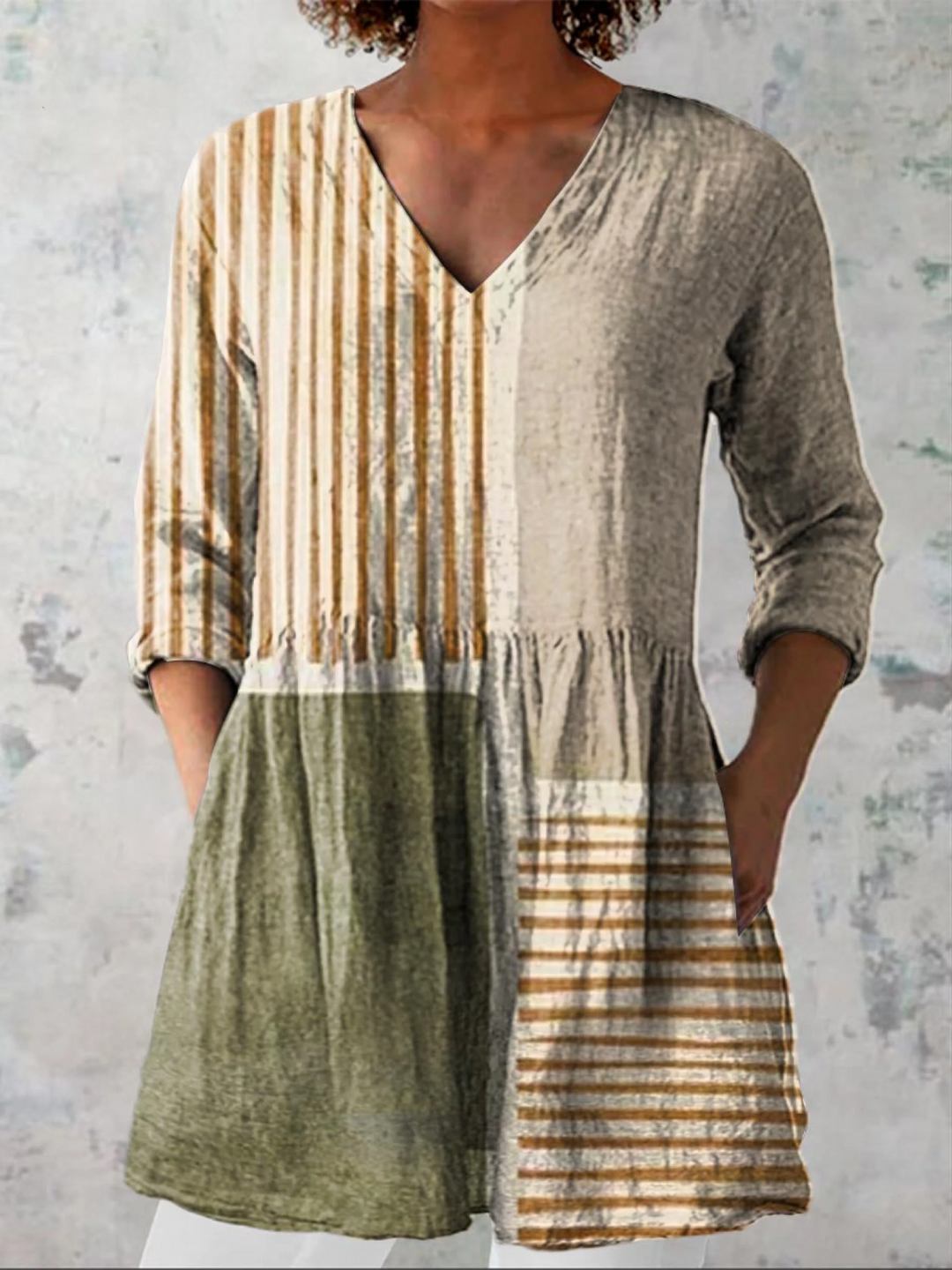 Natasha Neutral Patchwork Stripe Tunic Blouse