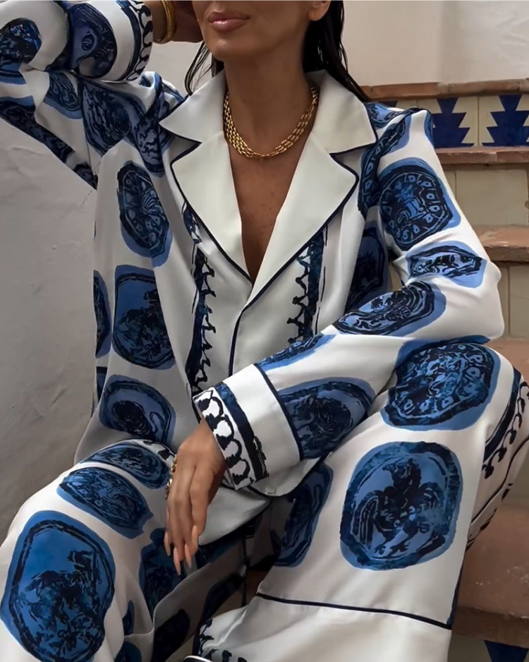 Lynn™ | Retro Blue Print Two-Piece Set