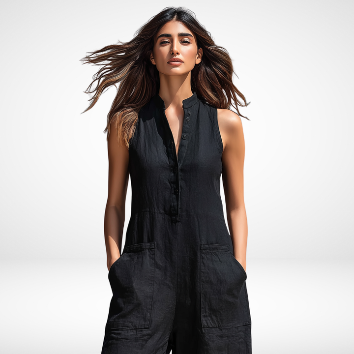 Kristy Sleeveless Button-Front Jumpsuit – Black, close-up