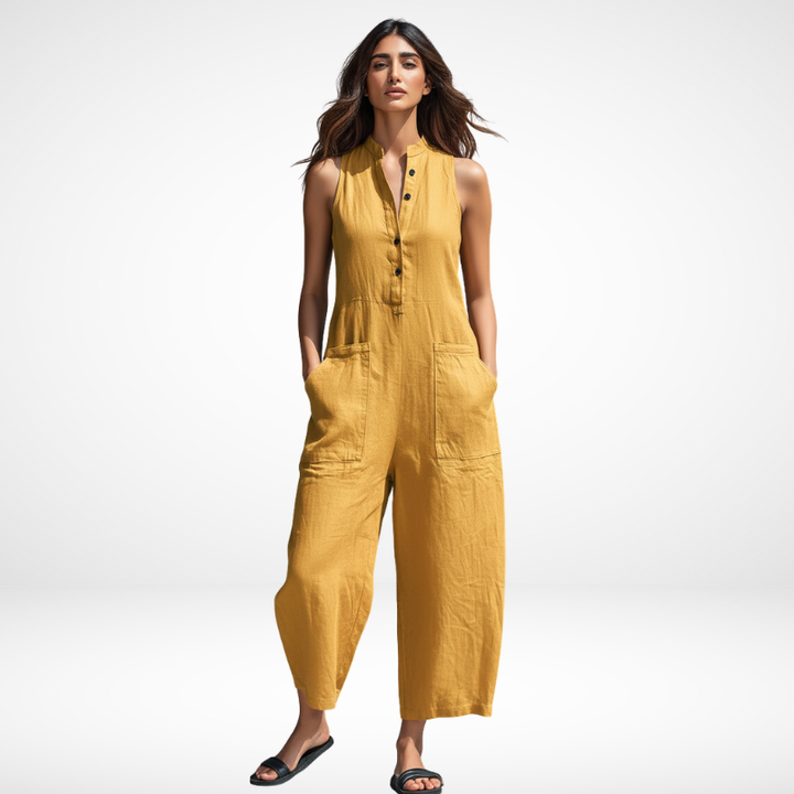 Kristy Sleeveless Button-Front Jumpsuit – Mustard