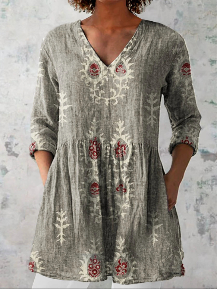 Sonya Folk Motif V-Neck Tunic Blouse