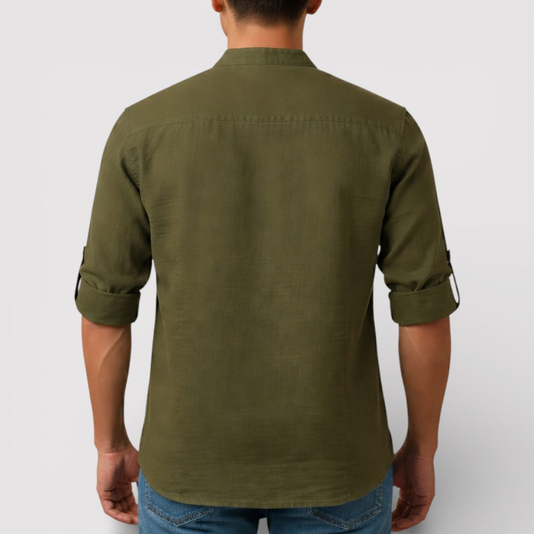Michael Sydney men's band collar shirt, front view