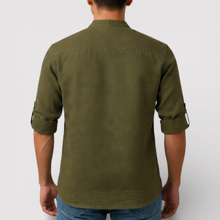 Michael Sydney men's band collar shirt, front view