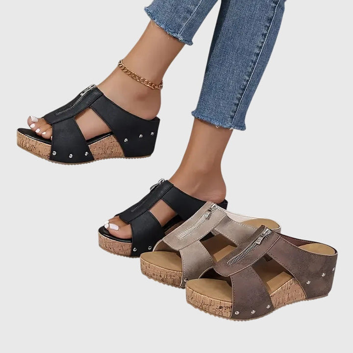 Angela™ | Zip-Front Wedge Mules