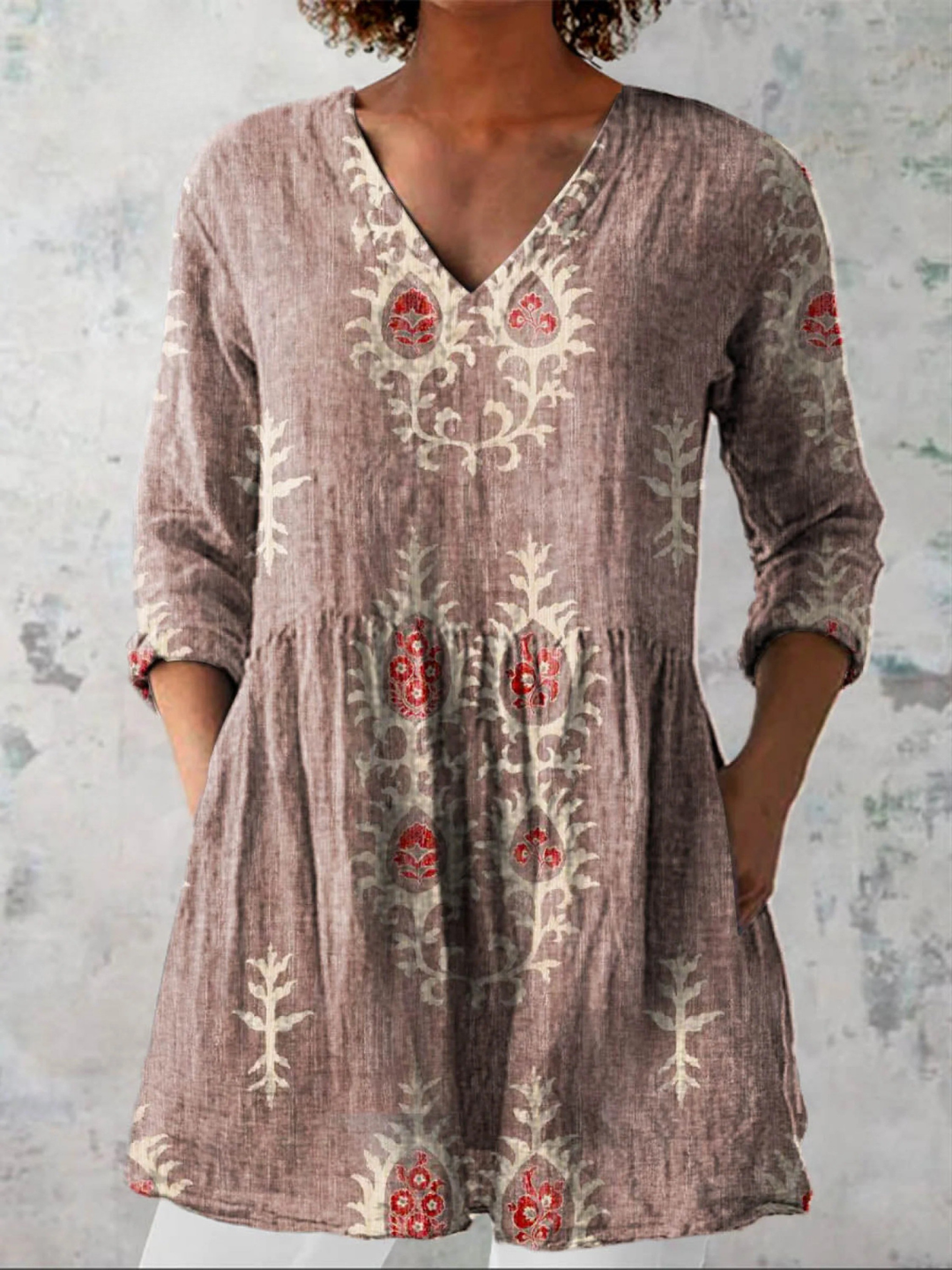 Sonya Folk Motif V-Neck Tunic Blouse