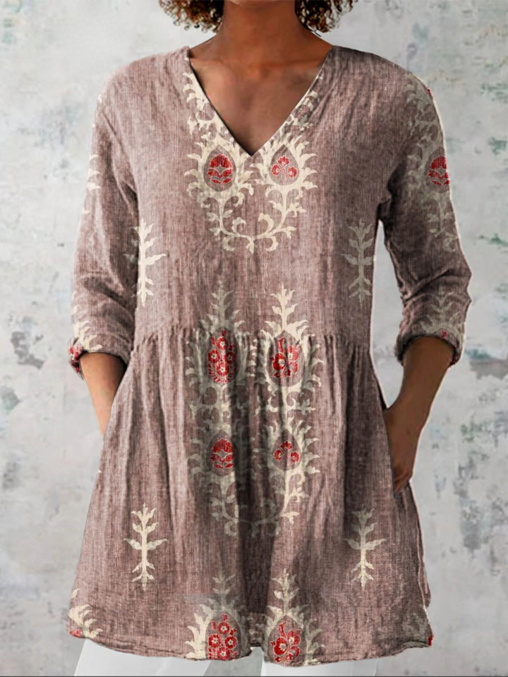 Sonya Folk Motif V-Neck Tunic Blouse