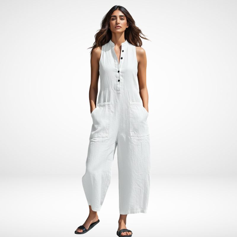 Kristy Sleeveless Button-Front Jumpsuit – White