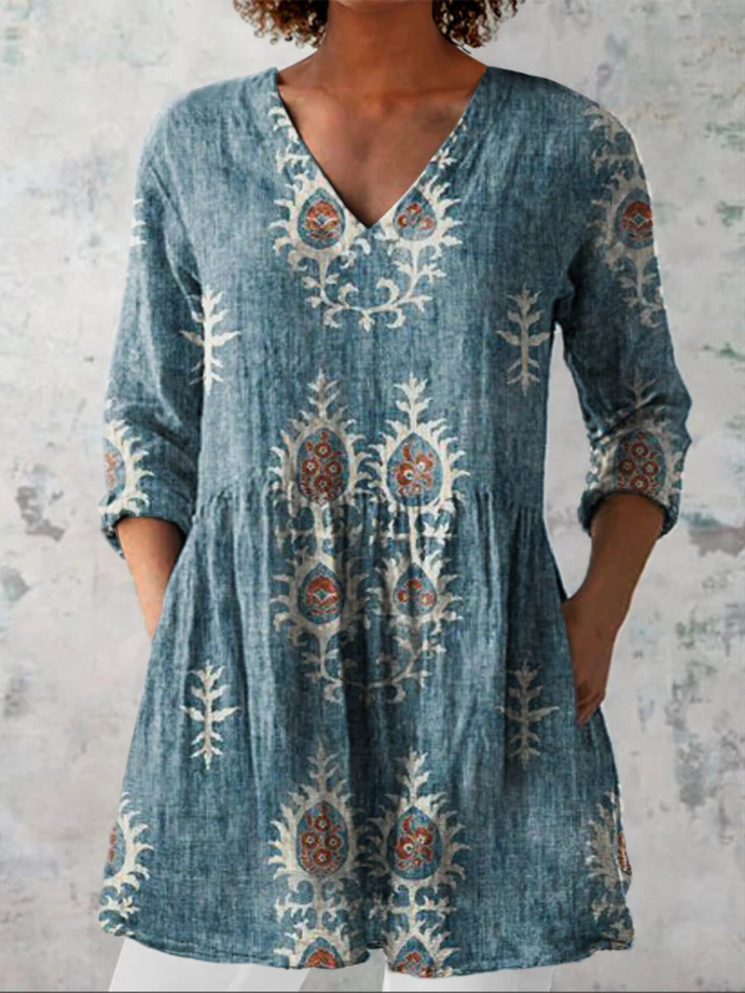 Sonya Folk Motif V-Neck Tunic Blouse