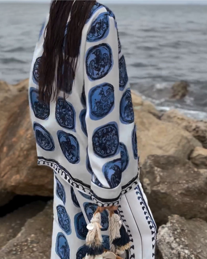 Lynn™ | Retro Blue Print Two-Piece Set