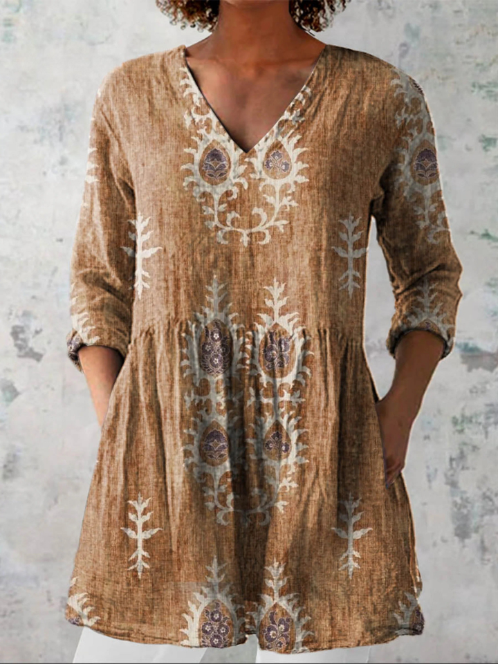 Sonya Folk Motif V-Neck Tunic Blouse