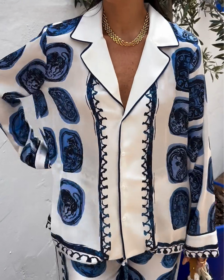 Lynn™ | Retro Blue Print Two-Piece Set