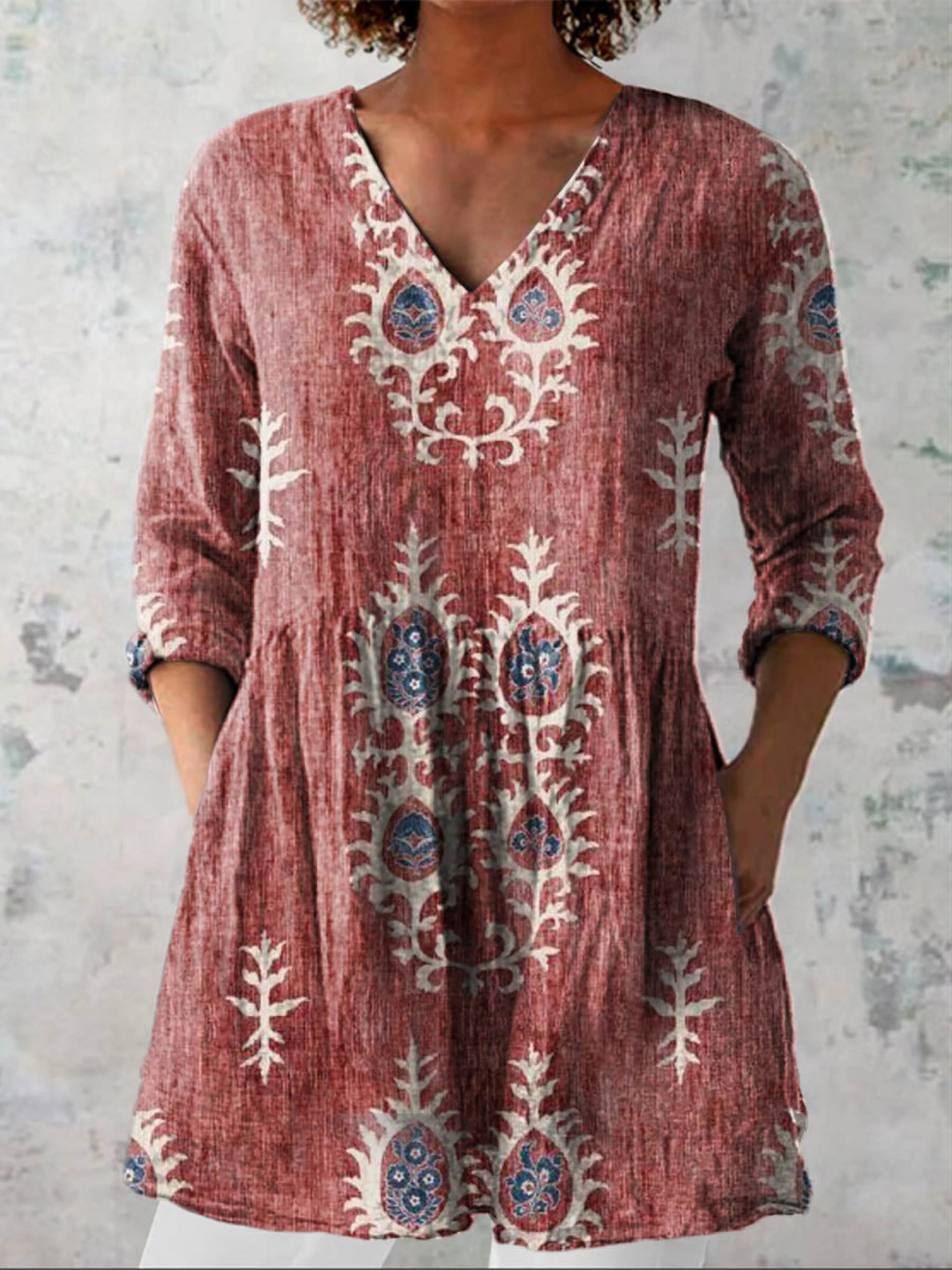 Sonya Folk Motif V-Neck Tunic Blouse