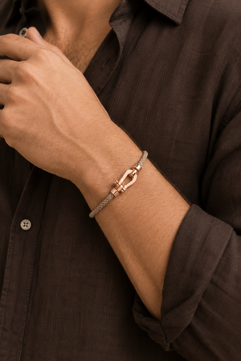 Michael Sydney men's Sailing Rope Bracelet Tan/Rose Gold, front view