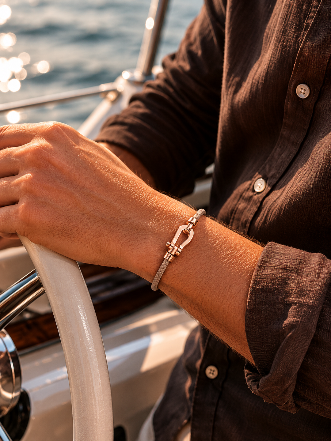 Michael Sydney men's Sailing Rope Bracelet Tan/Rose Gold, front view