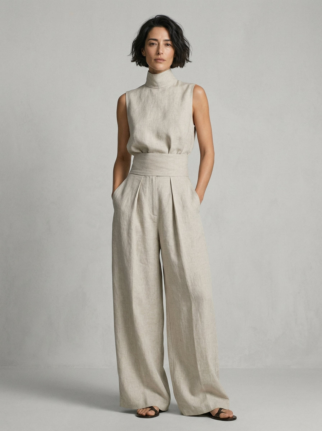Lynette Sleeveless Top & Wide-Leg Set in Beige