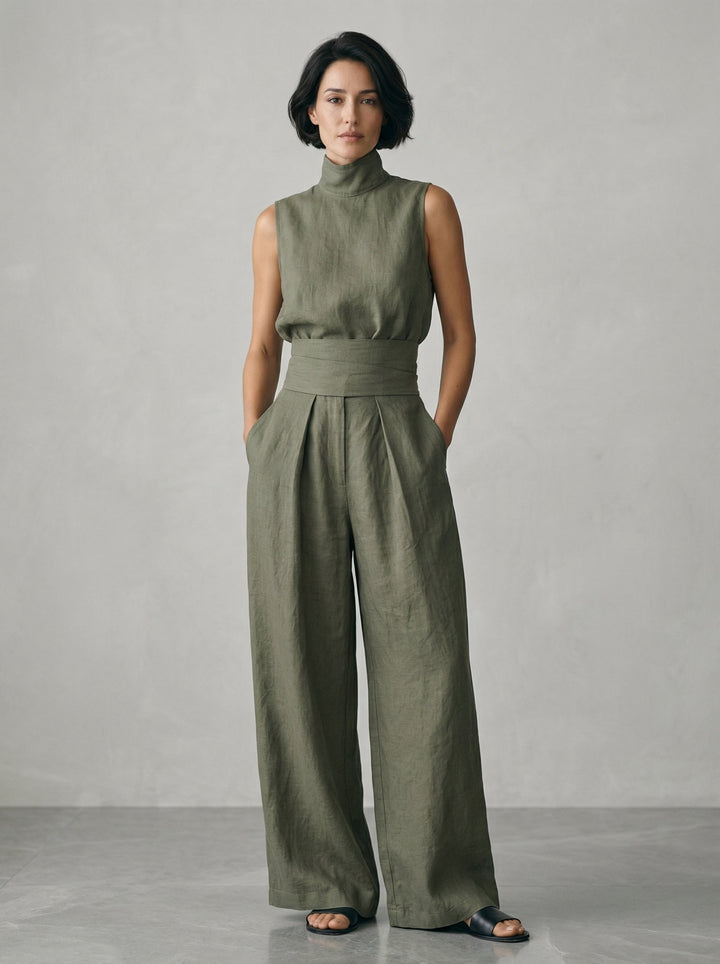 Lynette Sleeveless Top & Wide-Leg Set in Olive Green