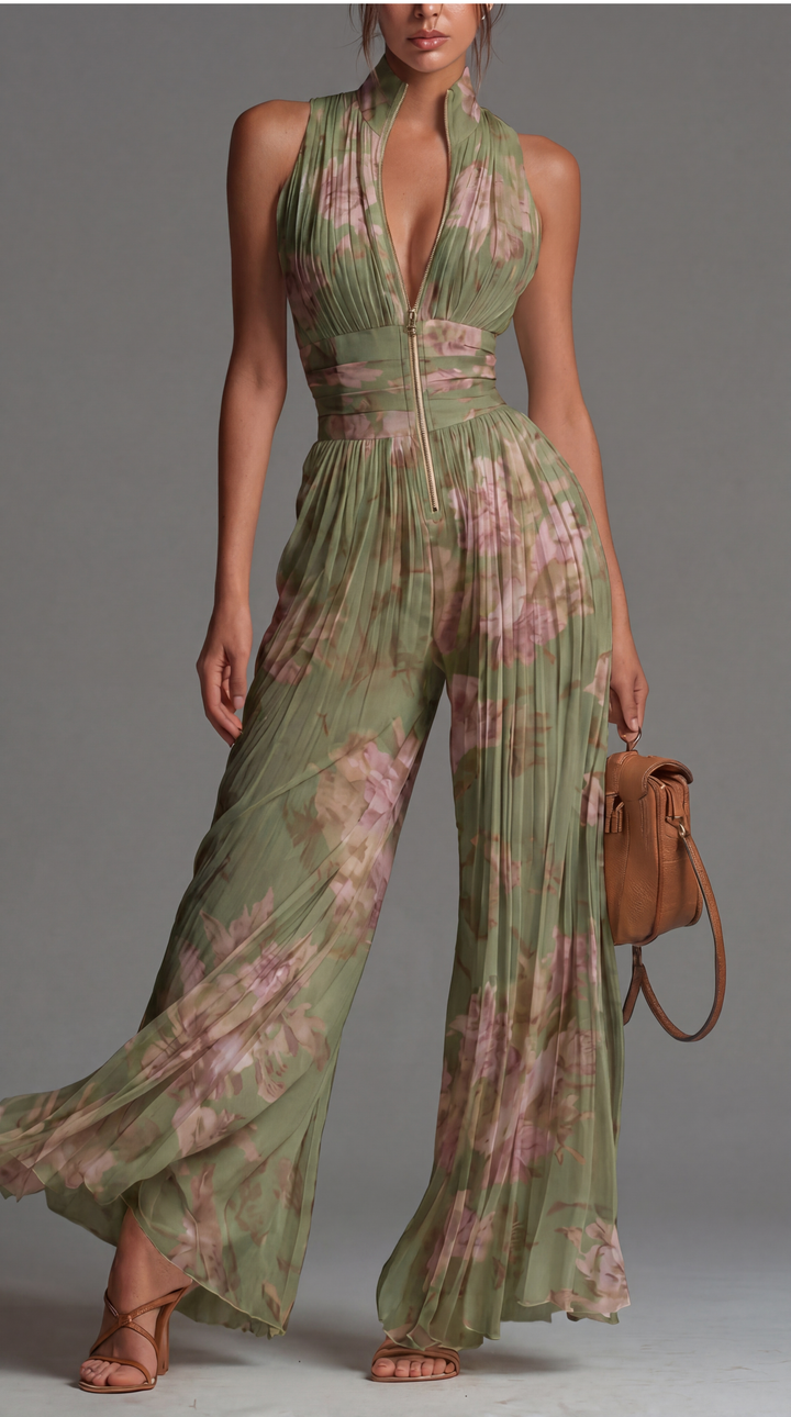 Kerry Pleated Halter Wide-Leg Jumpsuit in Sage Green Floral