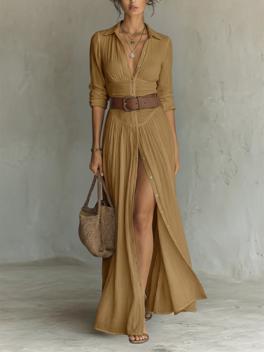 Kaye Notched Collar Pleated Maxi Dress in Caramel
