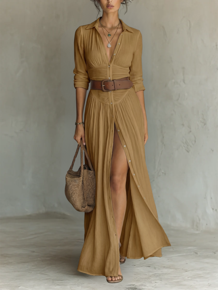 Kaye Notched Collar Pleated Maxi Dress in Caramel