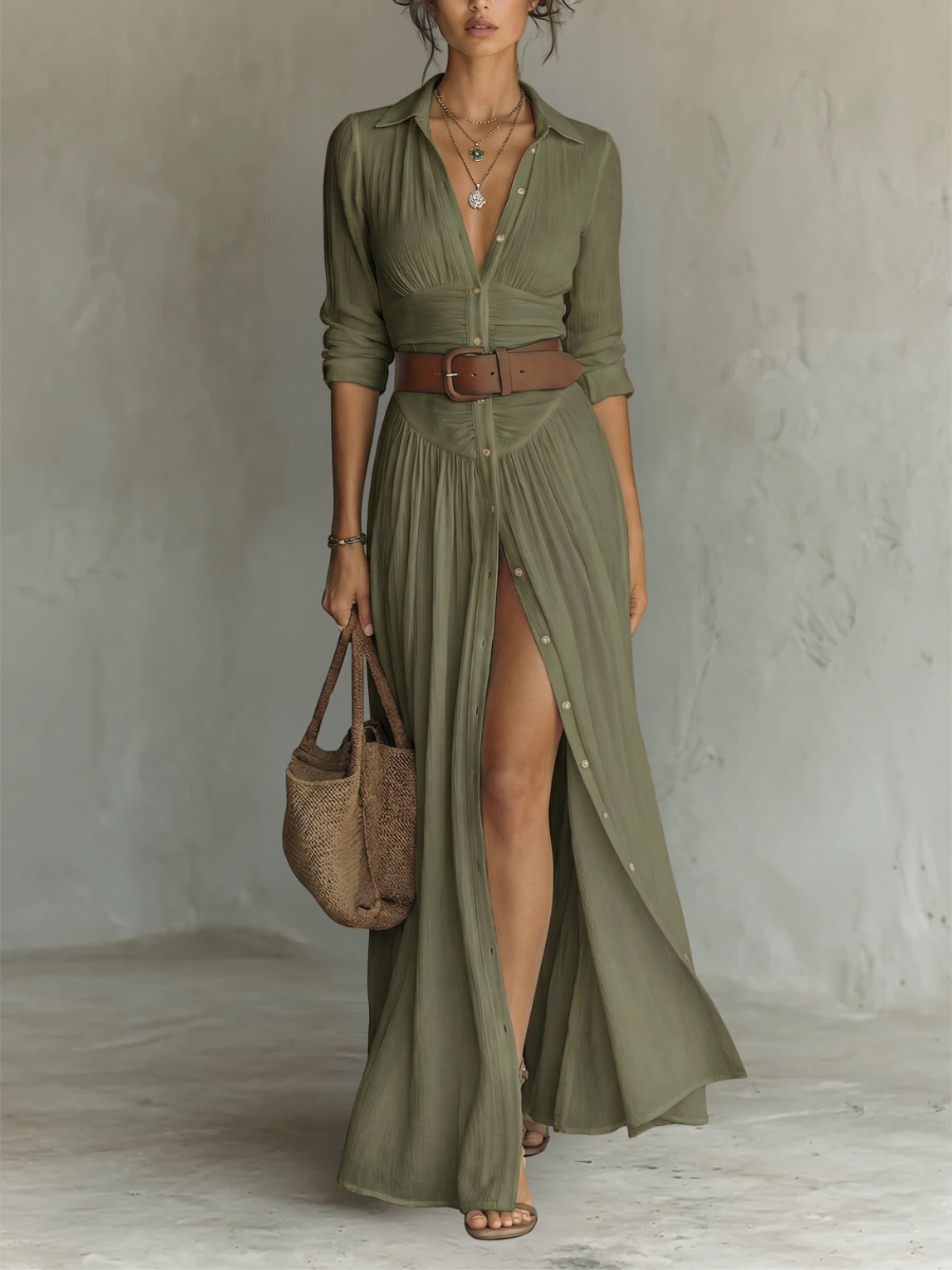 Kaye Notched Collar Pleated Maxi Dress in Olive Green
