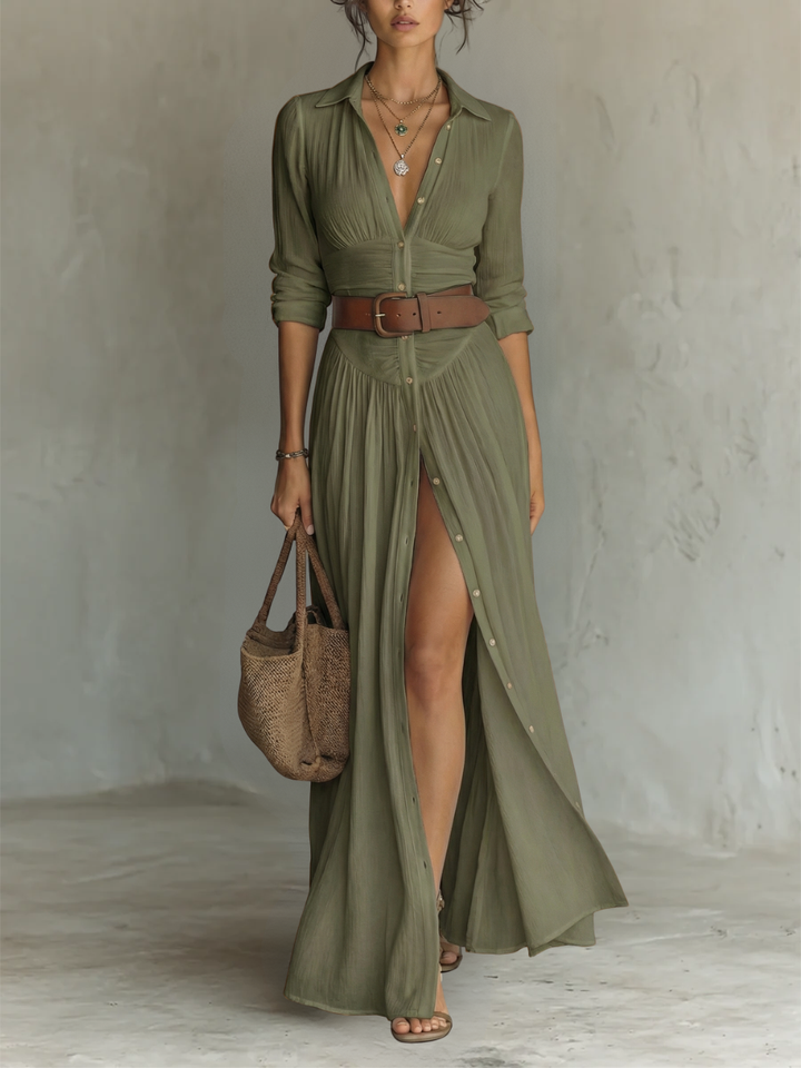 Kaye Notched Collar Pleated Maxi Dress in Olive Green