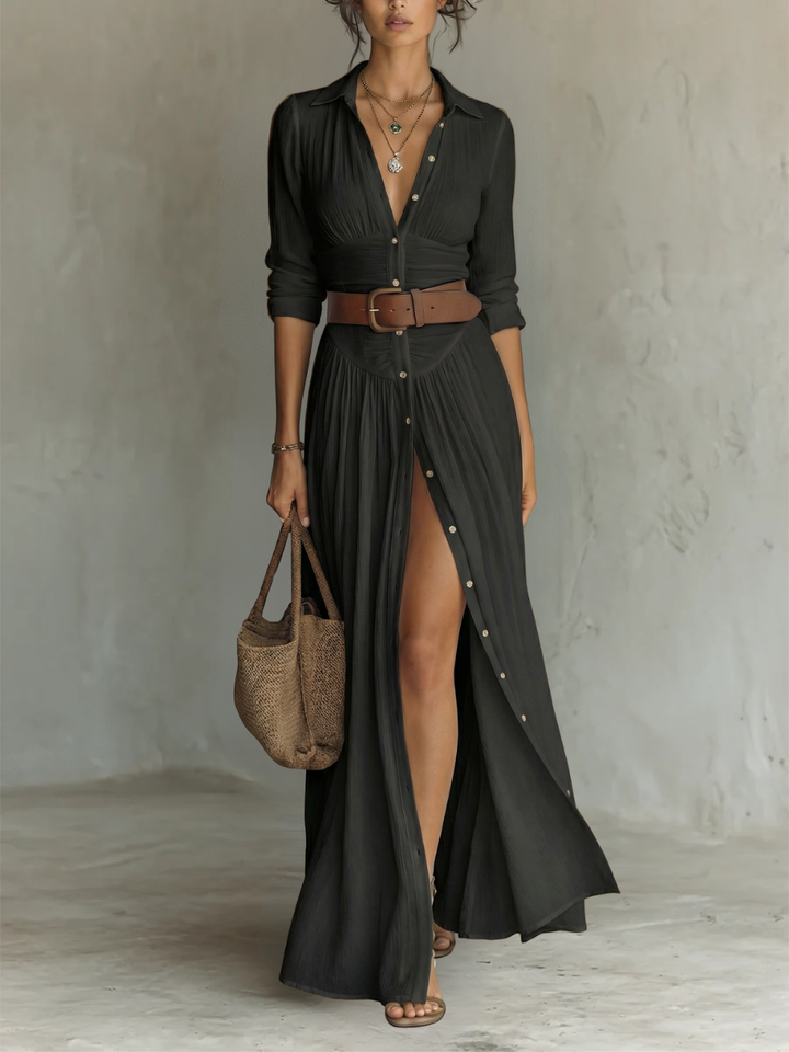 Kaye Notched Collar Pleated Maxi Dress in Black