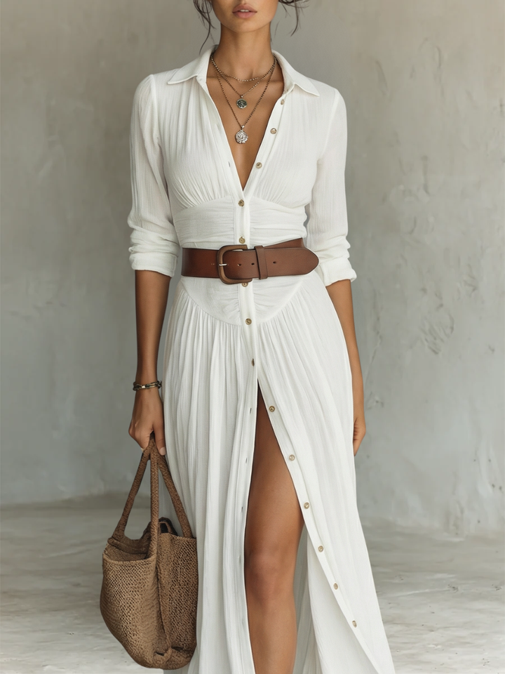 Kaye Notched Collar Pleated Maxi Dress in White